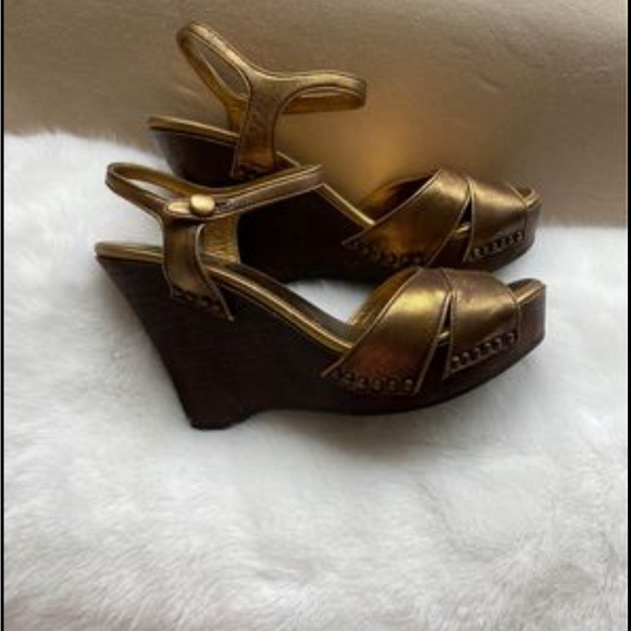 Authentic Prada Gold/Bronze Metallic Wooden Wedge Heels Sandals 36.5 / 6 - Picture 5 of 5